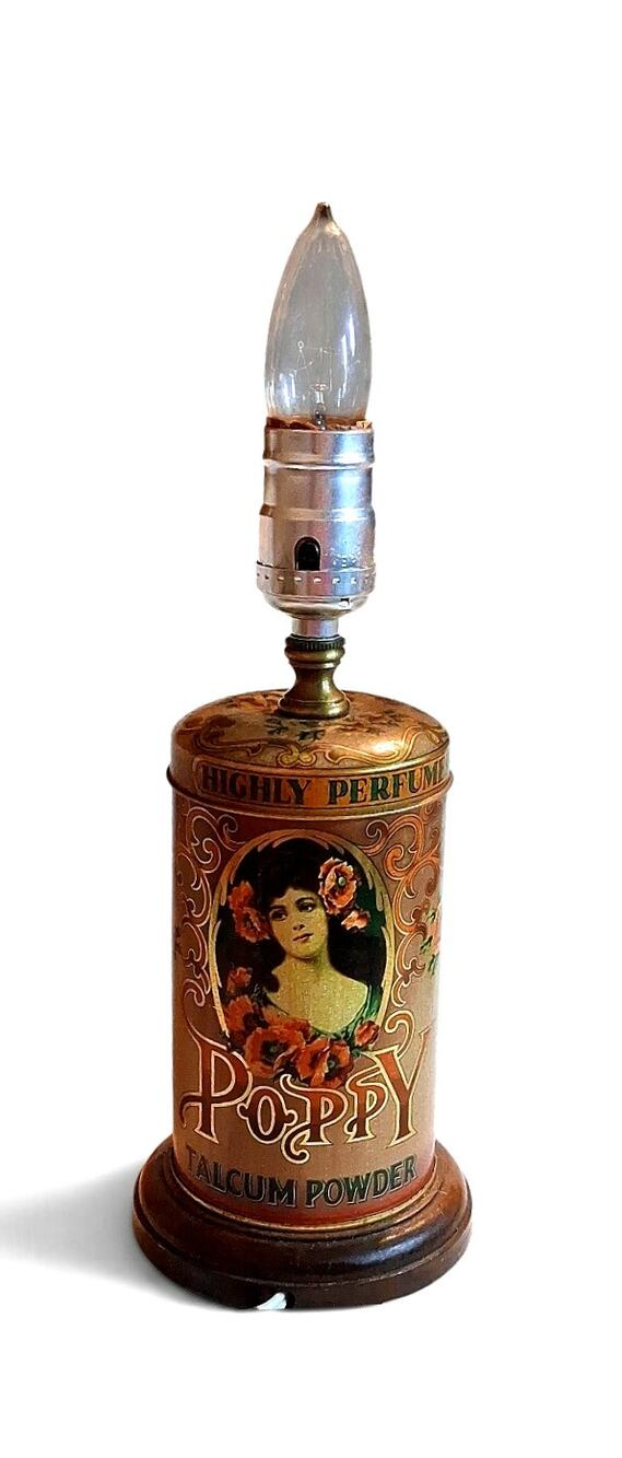 Vintage Victorian Poppy Talcum Powder Tin Lamp Made in England 13"
